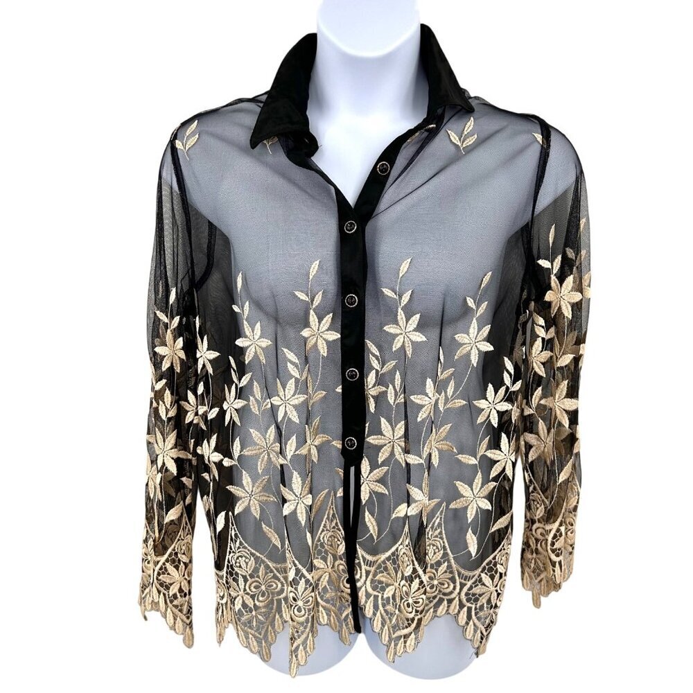 GORGEOUS SAM SHEER MESH FLORAL EMBROIDERED TOP - XL